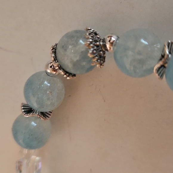 3 Silvertone & Seafoam Glass Beads & Charms Stretch Bracelets - Picture 4 of 13